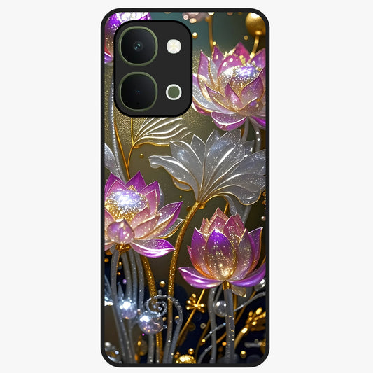 Golden Lotus Glow Glass Case showing flat back view with glowing lotus flower artwork and glossy glass finish.