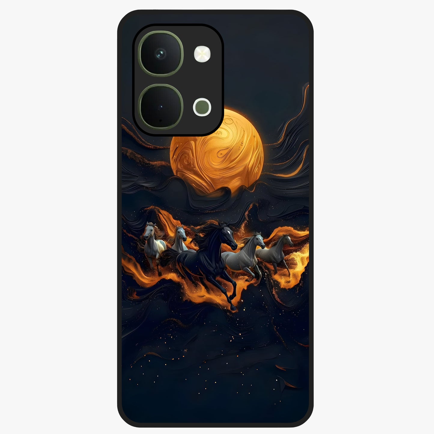 Golden Stallion Moonride Glass Case showing flat back view with majestic horse under moonlight artwork and glossy glass finish.