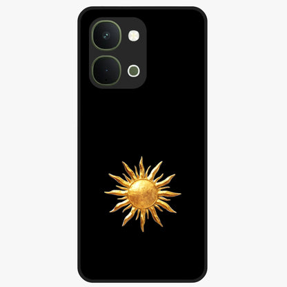 Golden Sun Minimalism Glass Case showing flat back view with minimal golden sun artwork and glossy glass finish.