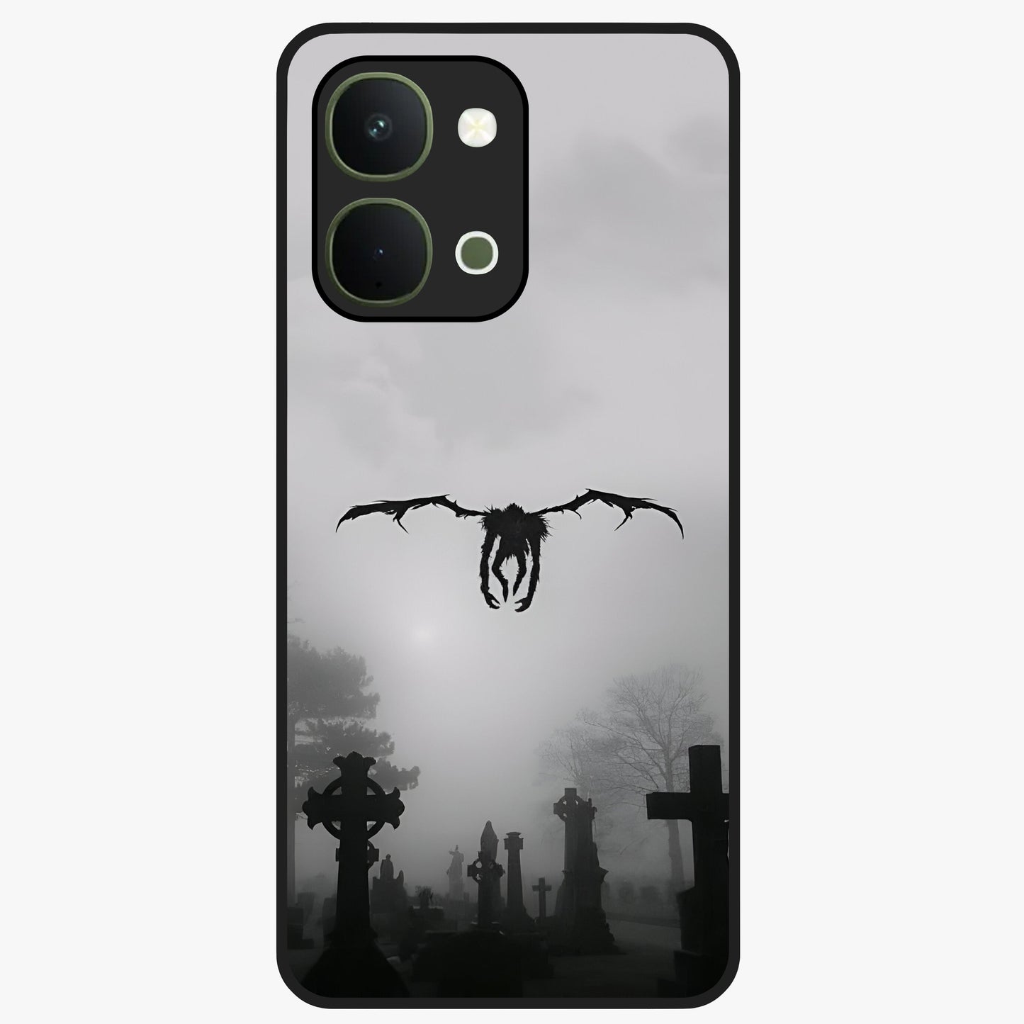 Graveyard Shadow Descent Glass Case showing flat back view with dark graveyard themed artwork and glossy glass finish.