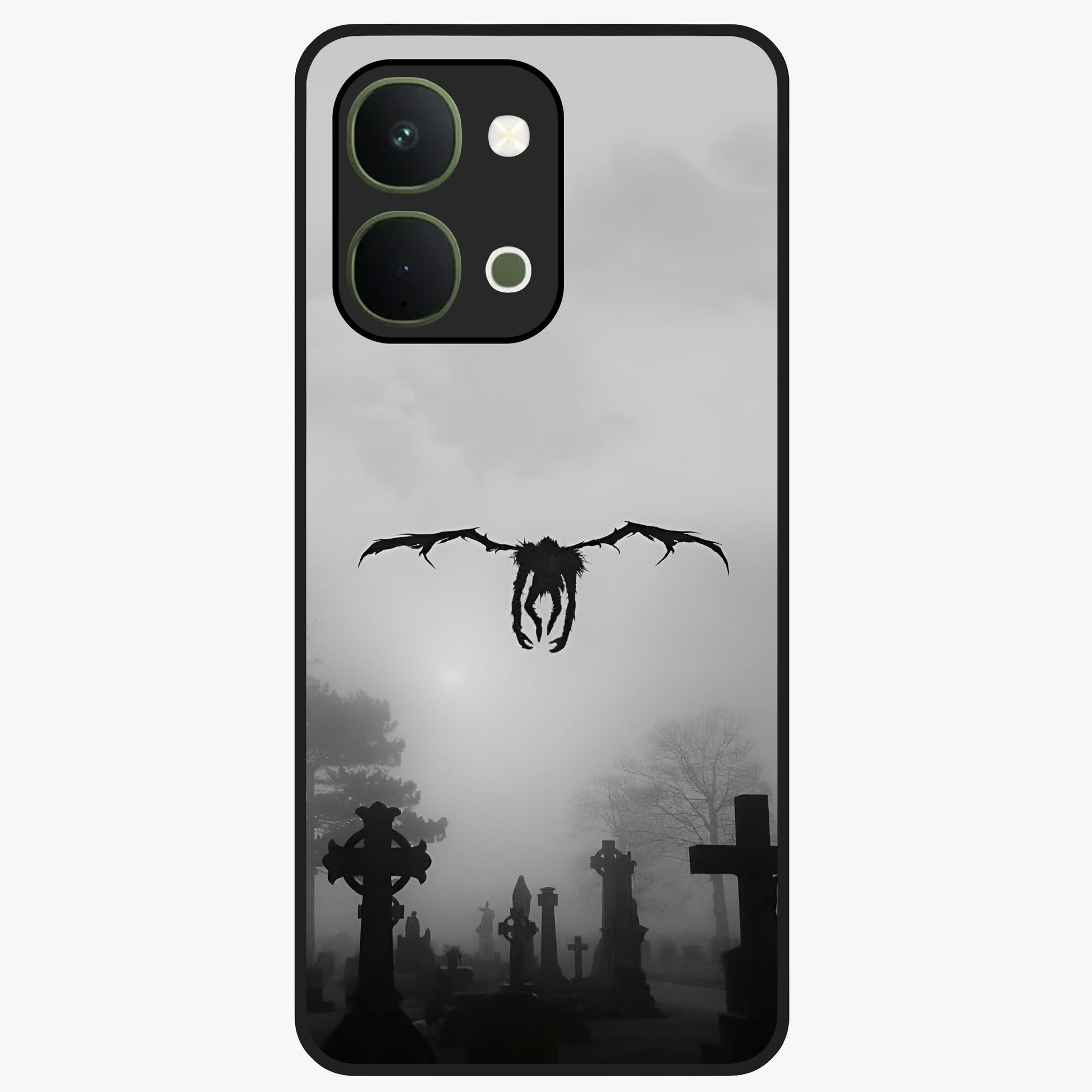 Graveyard Shadow Descent Glass Case showing flat back view with dark graveyard themed artwork and glossy glass finish.