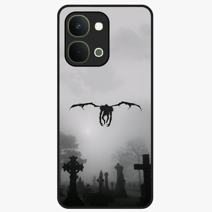 Graveyard Shadow Descent Glass Case showing flat back view with dark graveyard themed artwork and glossy glass finish.