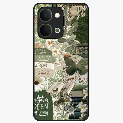 Green Islamic Books Quotes Glass Case showing flat back view with Islamic quotes and book themed artwork and glossy glass finish.