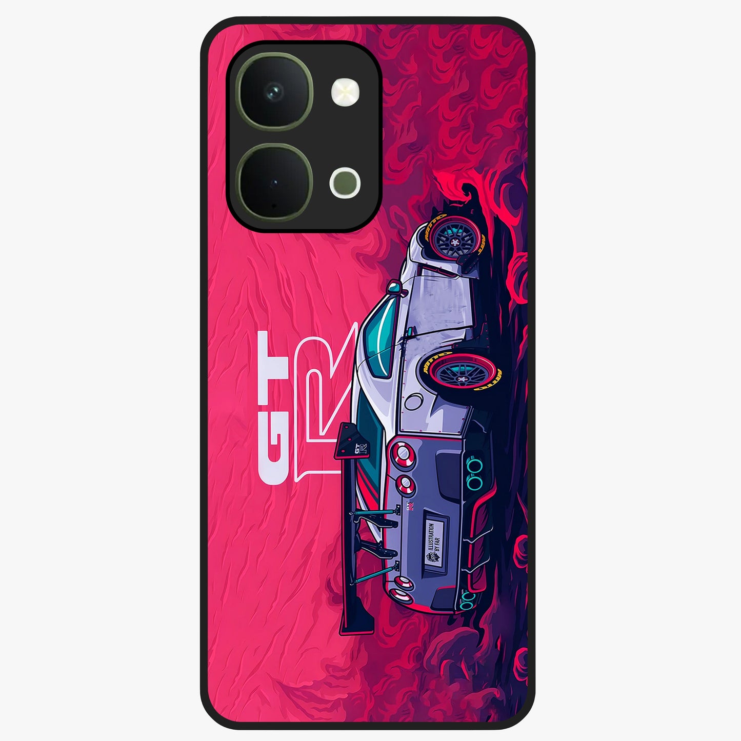 GT-R Car Pattern Glass Case showing flat back view with sporty car inspired pattern artwork and glossy glass finish.