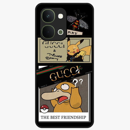 Gucci Play Mashup Glass Case showing flat back view with luxury inspired graphic artwork and glossy glass finish.