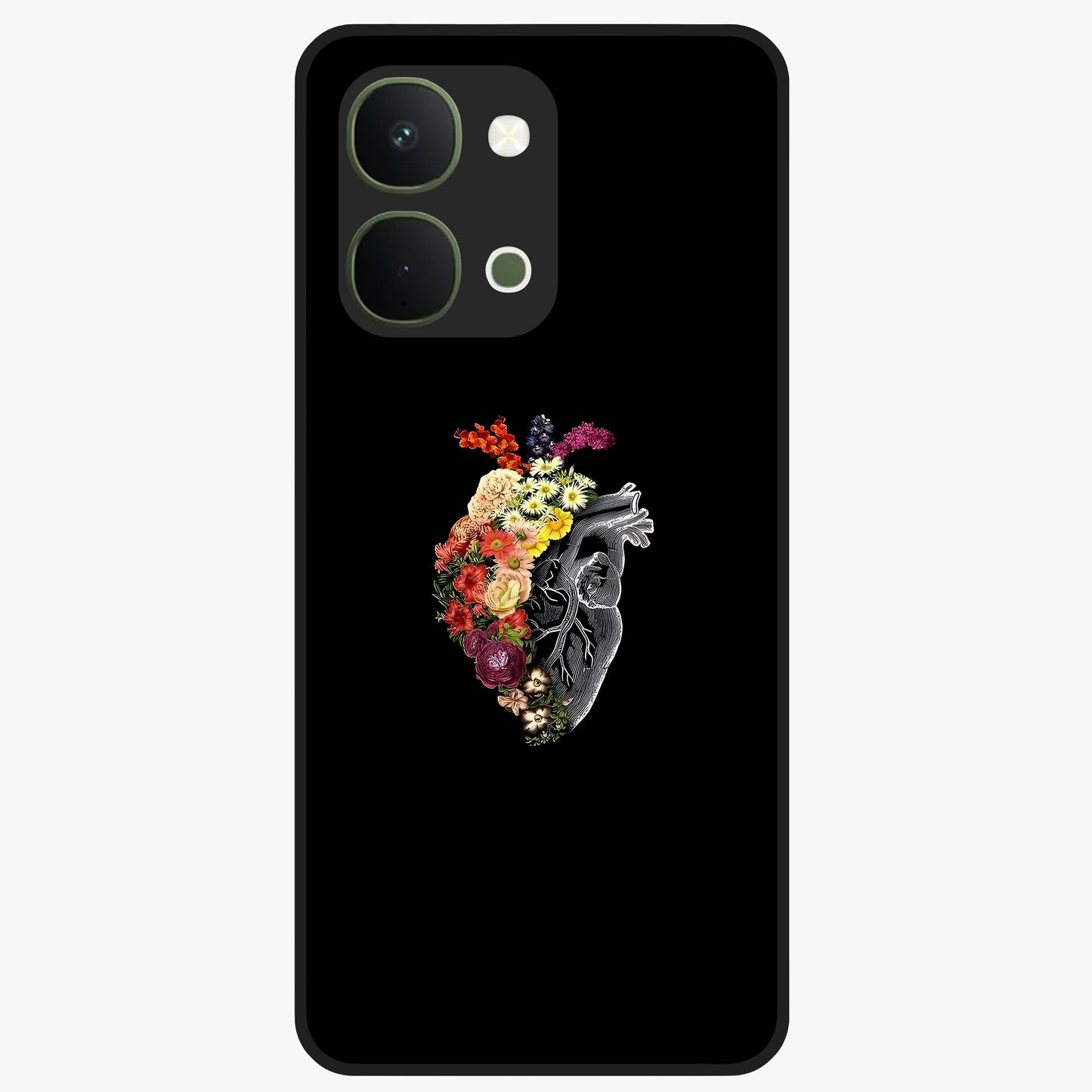 Heart With Flowers Glass Case showing flat back view with heart shaped floral artwork and glossy glass finish.