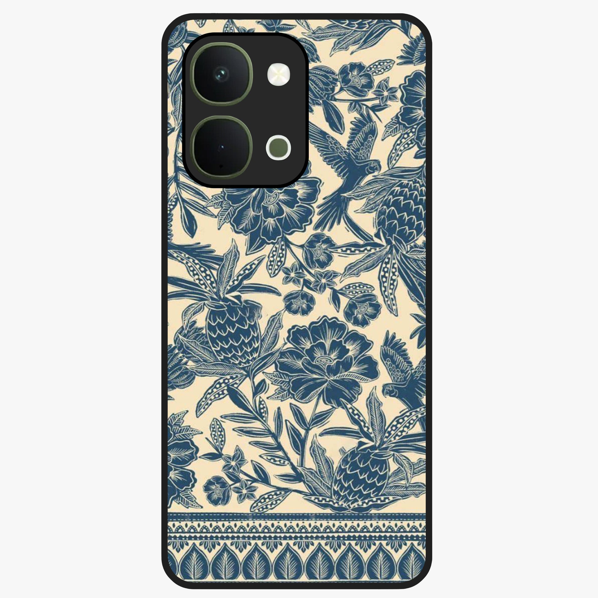 Heirloom Wild Bloom Glass Case showing flat back view with vintage inspired wild flower artwork and glossy glass finish.