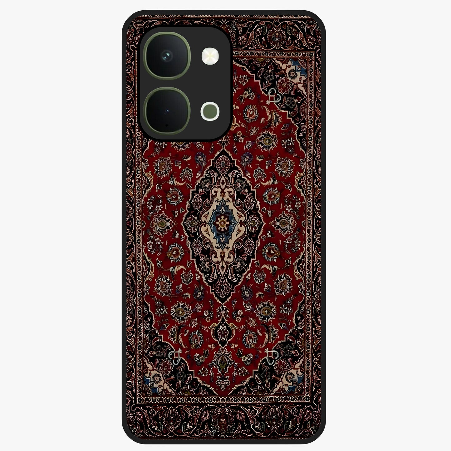 Heritage Carpet Royale Glass Case showing flat back view with ornate Persian carpet inspired pattern and glossy glass finish.