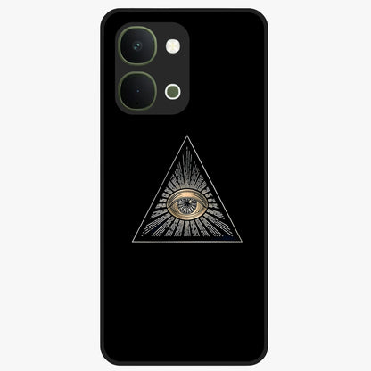 Illuminati Evil Glass Case showing flat back view with mysterious illuminati symbol artwork and glossy glass finish.