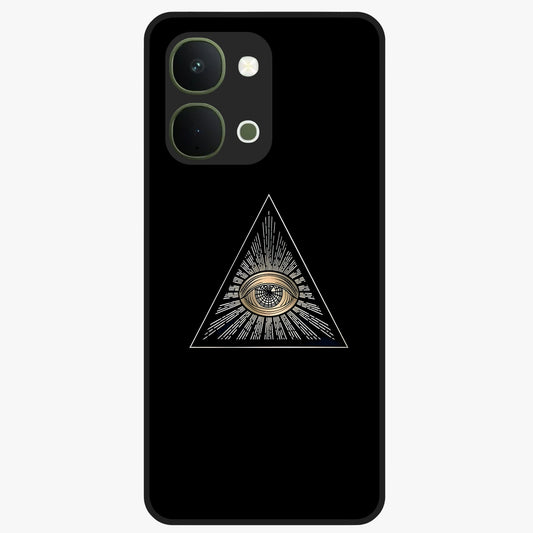 Illuminati Evil Glass Case showing flat back view with mysterious illuminati symbol artwork and glossy glass finish.