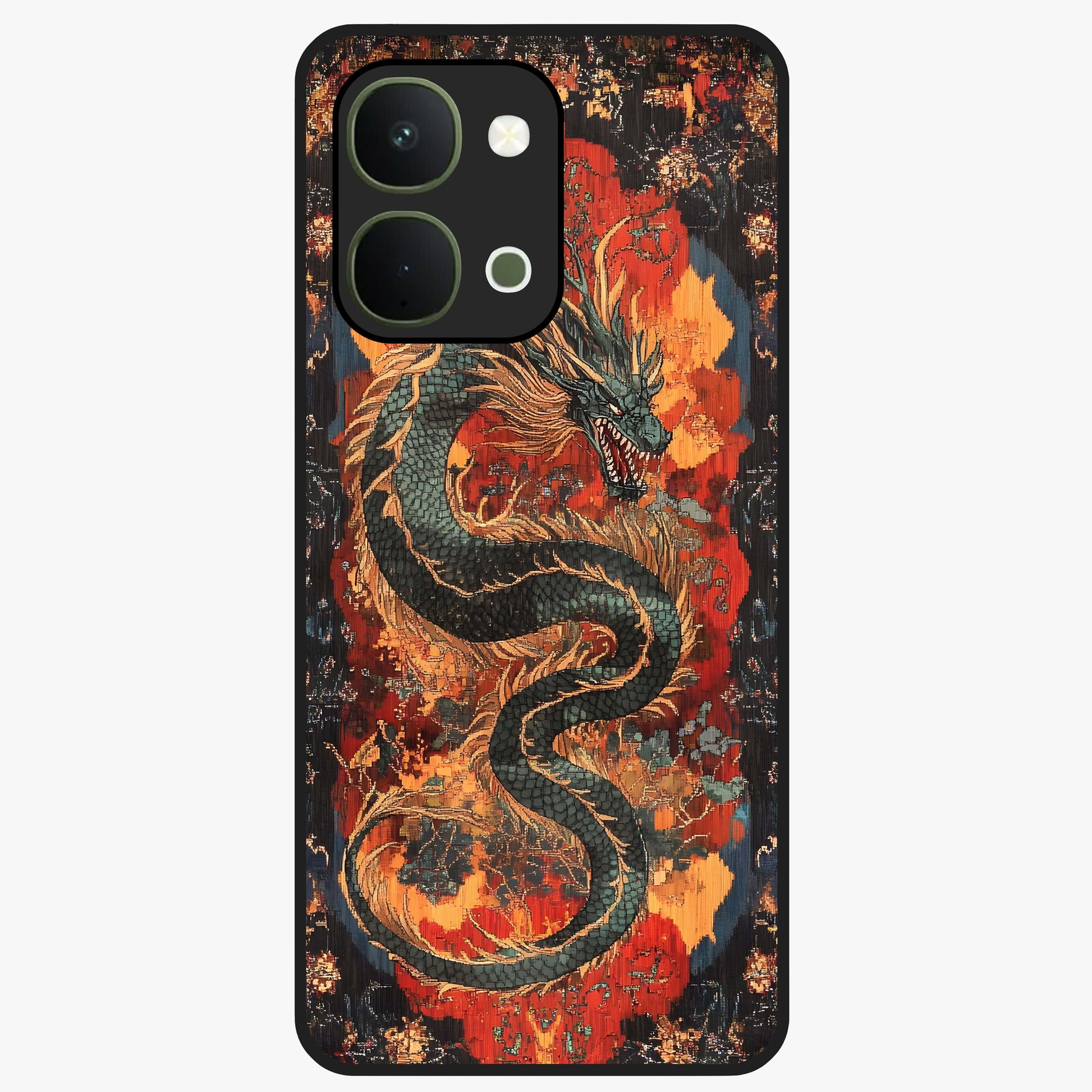 Inferno Dragon Soul Glass Case showing flat back view with fiery dragon artwork and glossy glass finish.