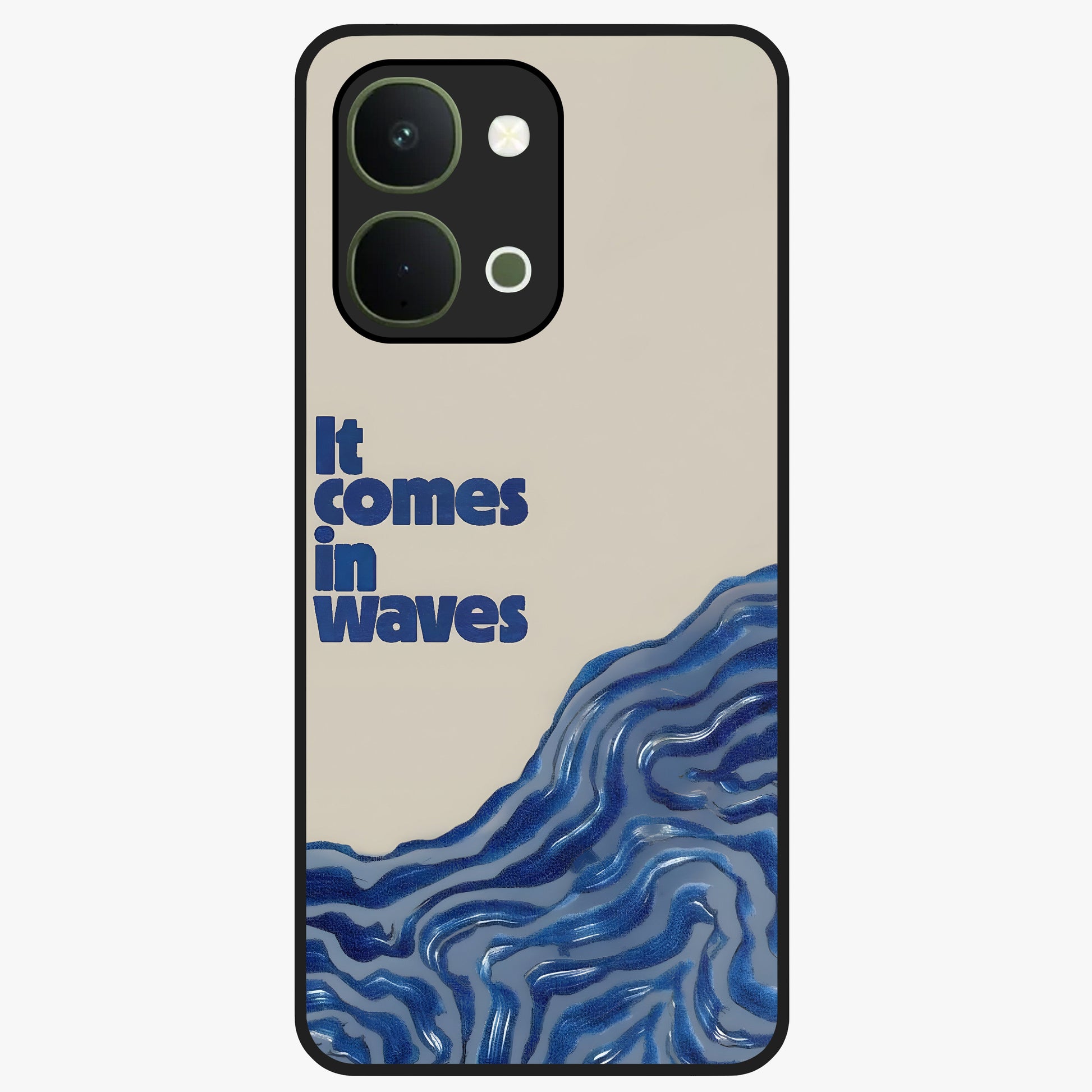 It Comes In Waves Quote Glass Case showing flat back view with inspirational wave themed quote artwork and glossy glass finish.