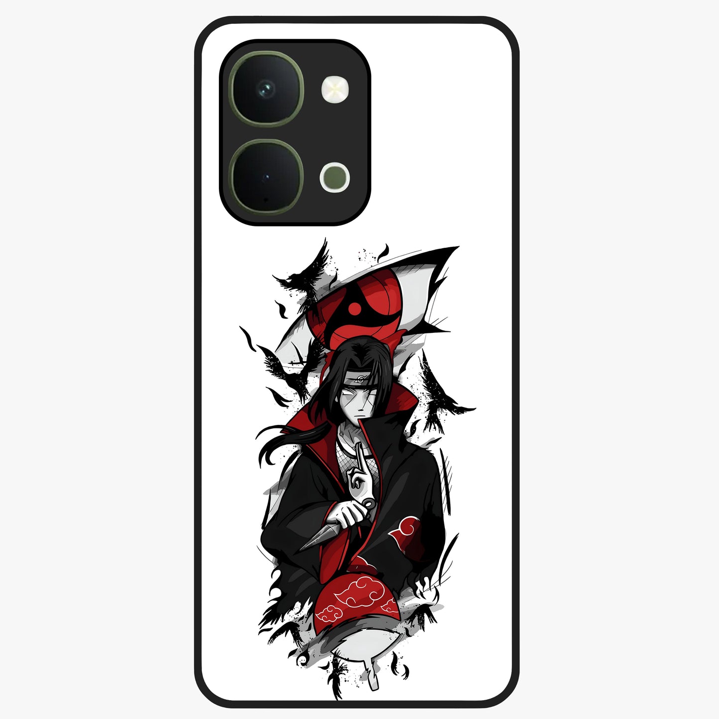 Itachi Sharingan Glass Case showing flat back view with powerful anime eye artwork and glossy glass finish.