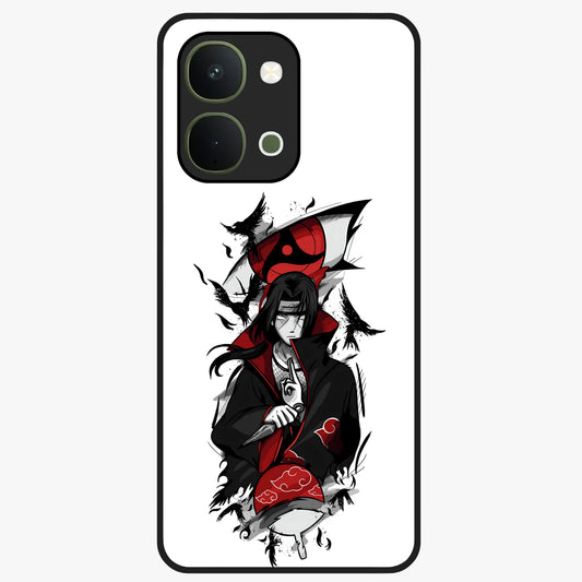 Itachi Sharingan Glass Case showing flat back view with powerful anime eye artwork and glossy glass finish.