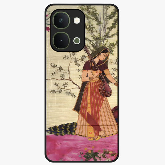 Lady With Veena Art Glass Case showing flat back view with elegant woman playing veena artwork and glossy glass finish.