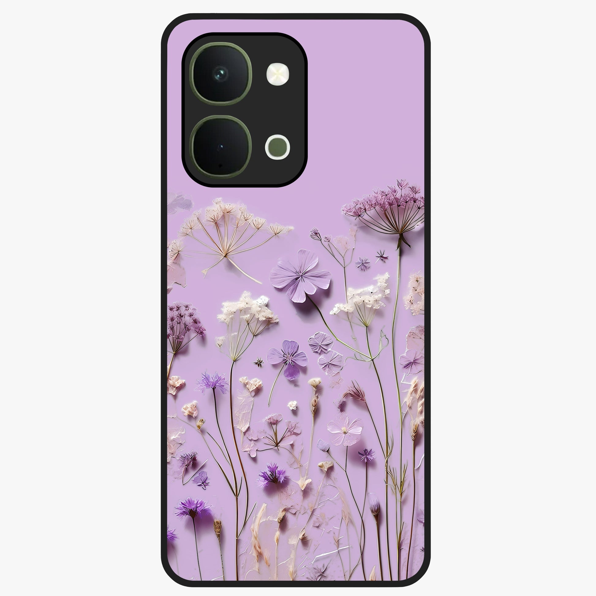 Lavender Blossom Dream Glass Case showing flat back view with soft lavender floral artwork and glossy glass finish.