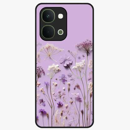 Lavender Blossom Dream Glass Case showing flat back view with soft lavender floral artwork and glossy glass finish.
