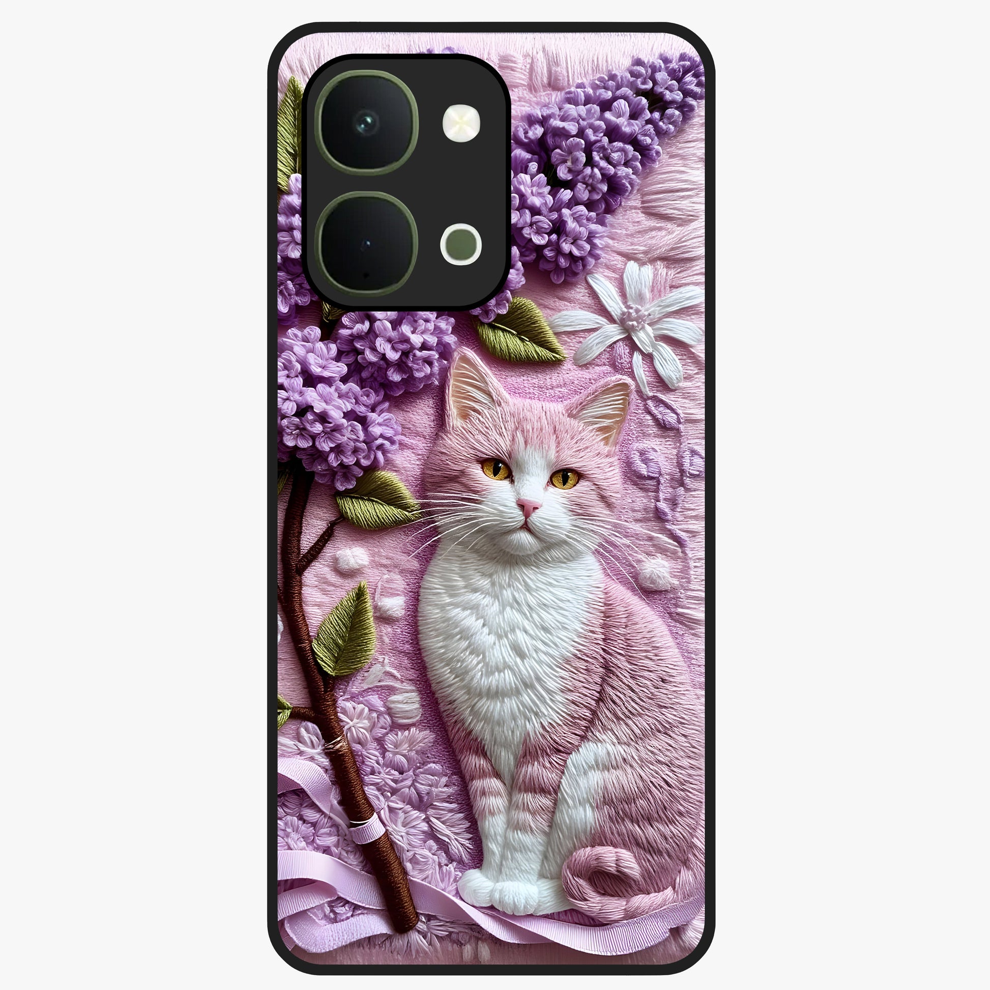 Lavender Cat Whimsy Glass Case showing flat back view with cute lavender cat artwork and glossy glass finish.
