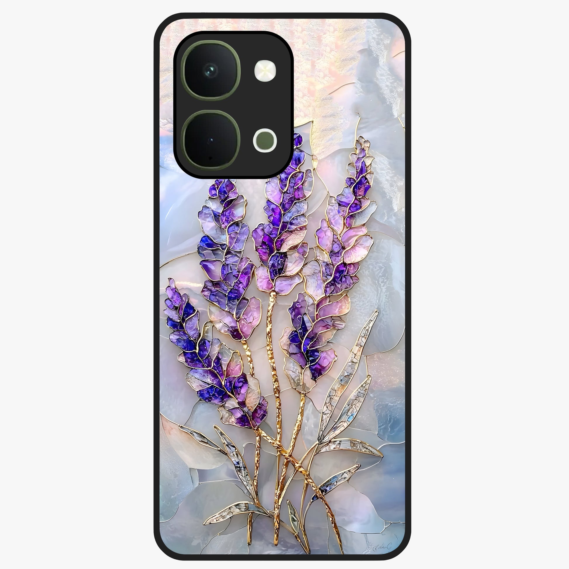 Lavender Dream Glow Glass Case showing flat back view with glowing lavender aesthetic artwork and glossy glass finish.