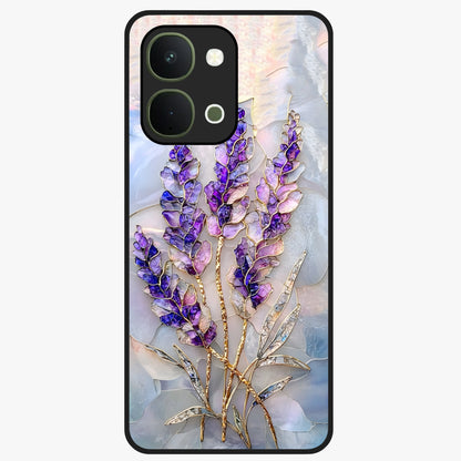 Lavender Dream Glow Glass Case showing flat back view with glowing lavender aesthetic artwork and glossy glass finish.