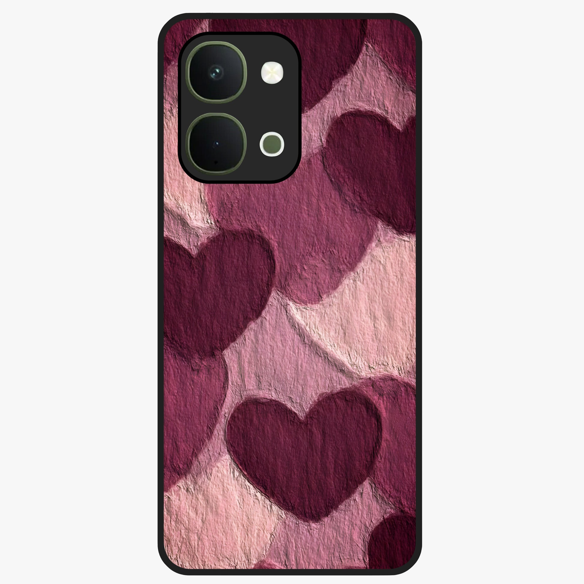 Layered Paper Hearts Glass Case showing flat back view with layered paper heart artwork and glossy glass finish.
