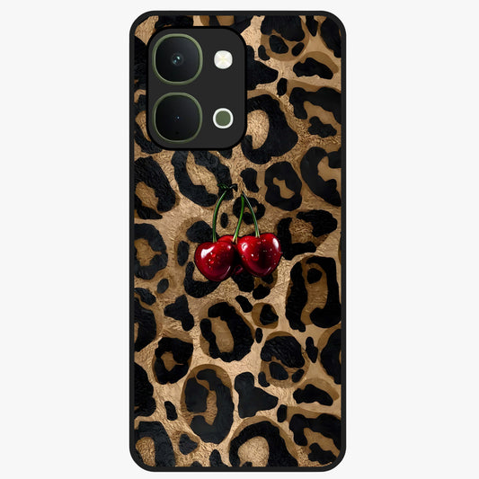 Leopard Wild Cherry Glass Case showing flat back view with leopard pattern and cherry artwork and glossy glass finish.