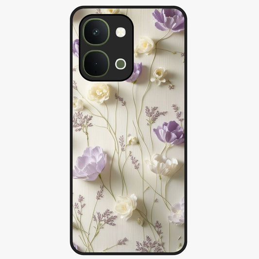 Lilac Breeze Harmony Glass Case showing flat back view with soft lilac themed artwork and glossy glass finish.