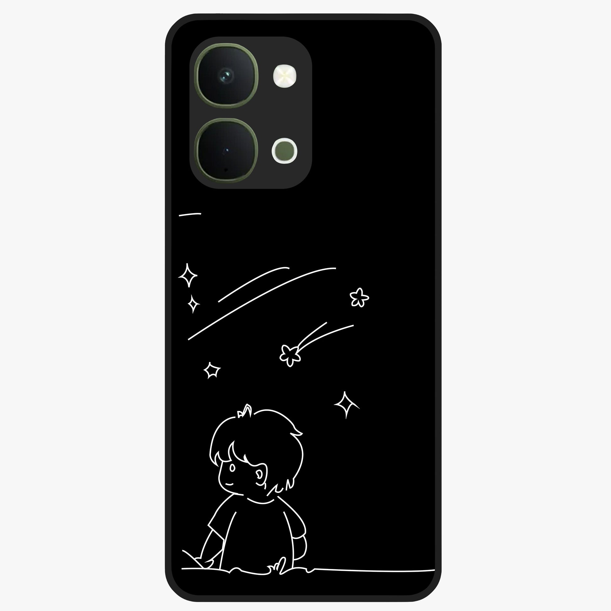 Line Art Boy With Shooting Stars Glass Case showing flat back view with minimal line art boy and shooting stars illustration and glossy glass finish.