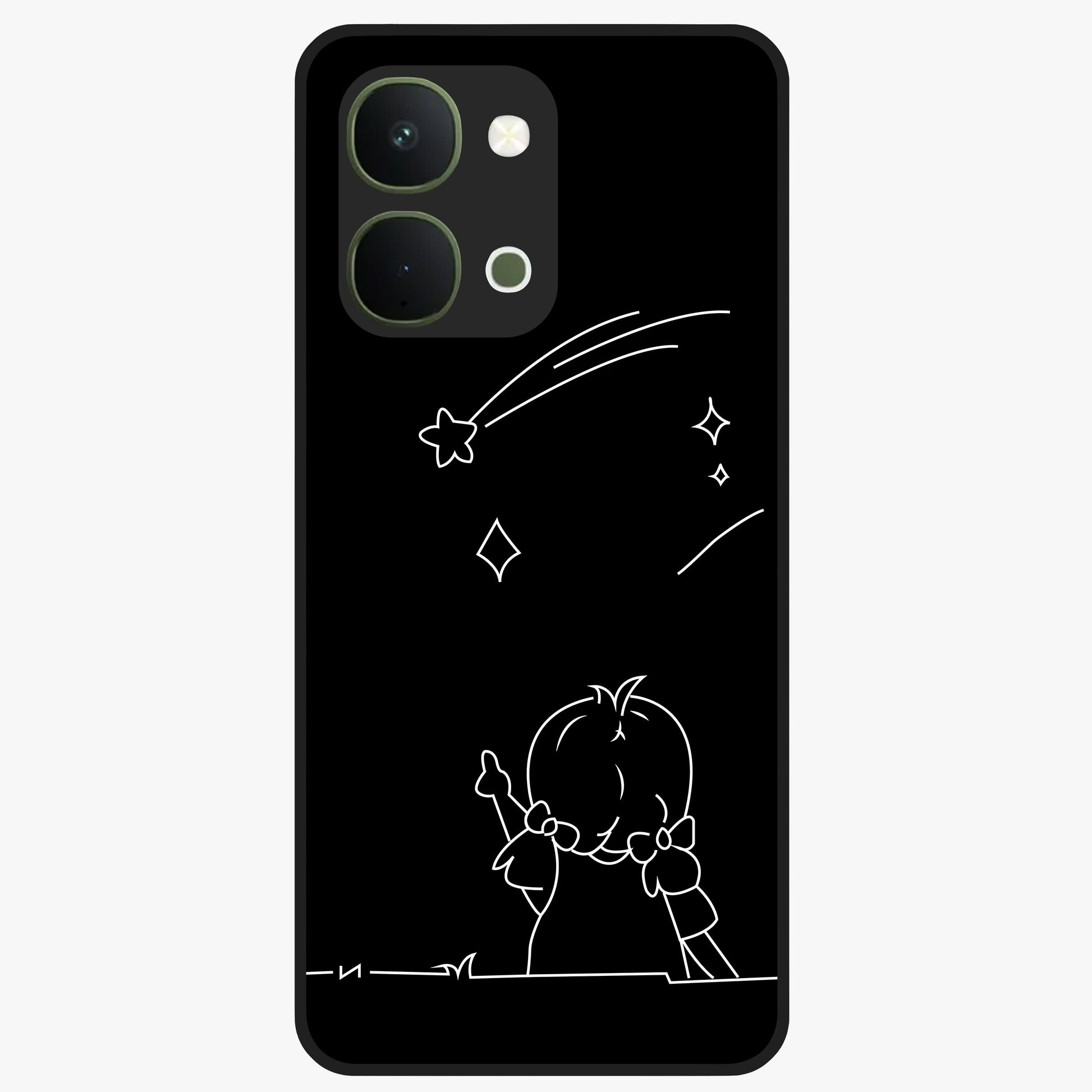 Line Art Girl With Shooting Stars Glass Case showing flat back view with minimal line art girl and shooting stars illustration and glossy glass finish.