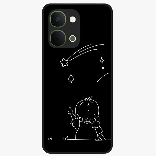 Line Art Girl With Shooting Stars Glass Case showing flat back view with minimal line art girl and shooting stars illustration and glossy glass finish.