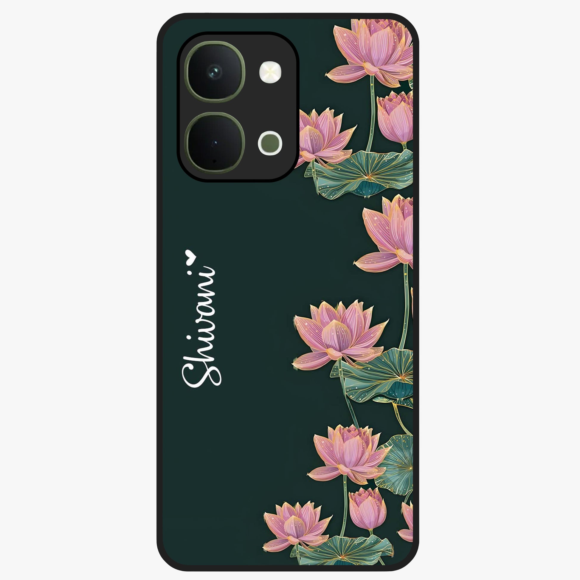 Lotus Bloom Serenity Custom Name Glass Case showing flat back view with elegant lotus flower artwork and personalized name design.
