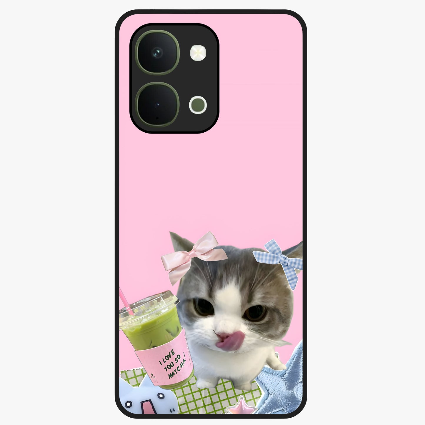 Love Matcha Cat Glass Case showing flat back view with cute cat and matcha themed artwork and glossy glass finish.