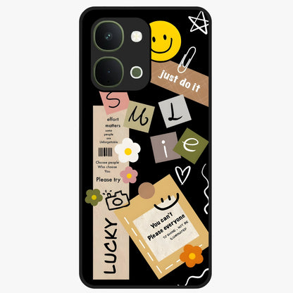 Lucky Aesthetic Collage Glass Case showing flat back view with trendy aesthetic collage artwork and glossy glass finish.