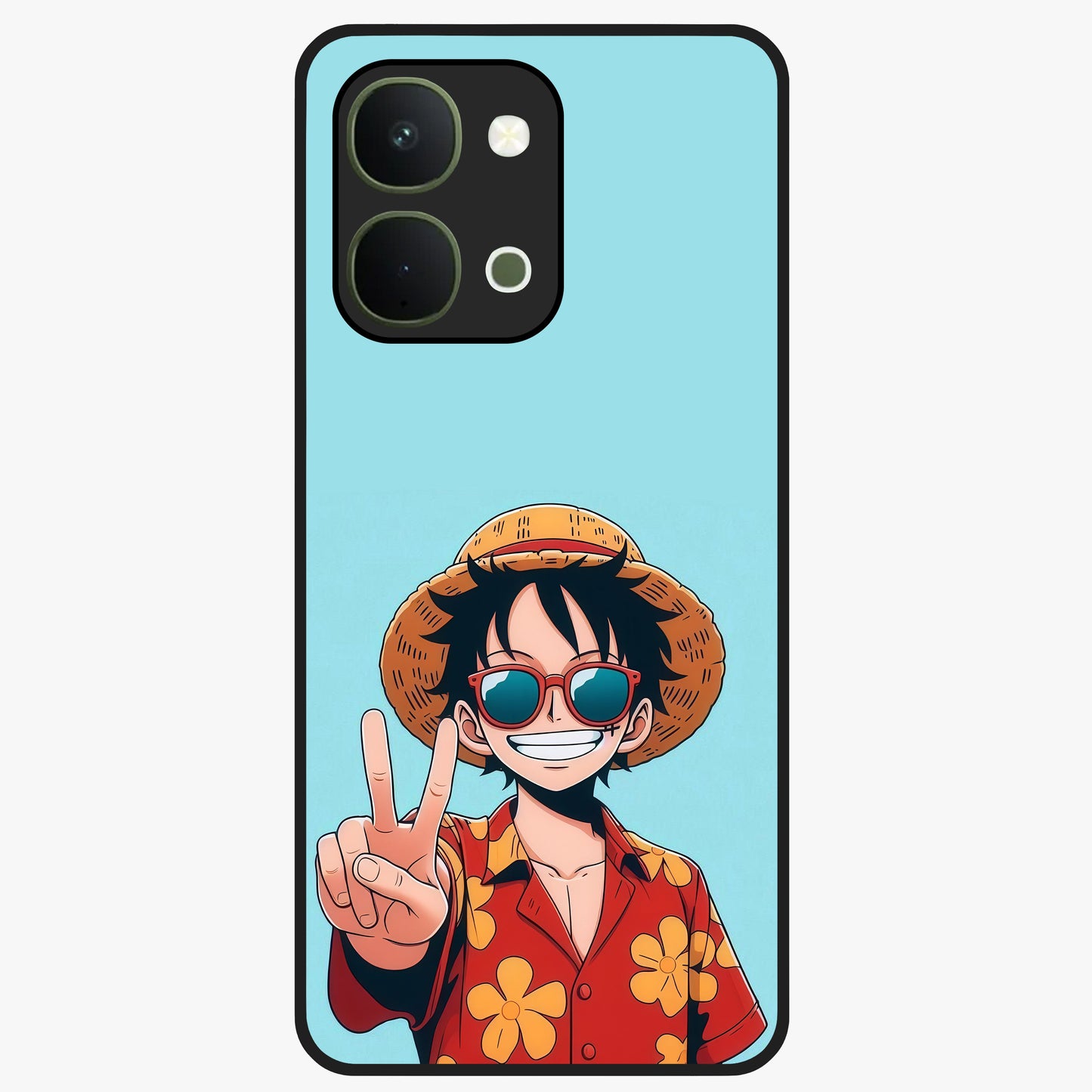 Luffy Summer Anime Vibe Glass Case showing flat back view with vibrant anime character artwork and glossy glass finish.