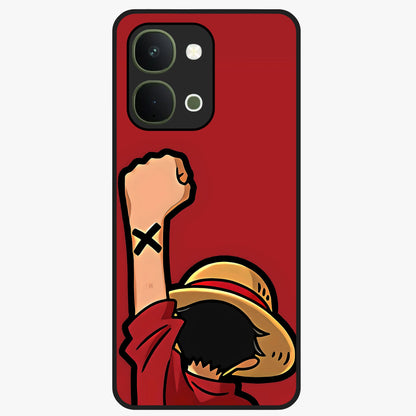Luffy X Spirit Glass Case showing flat back view with bold anime character artwork and glossy glass finish.
