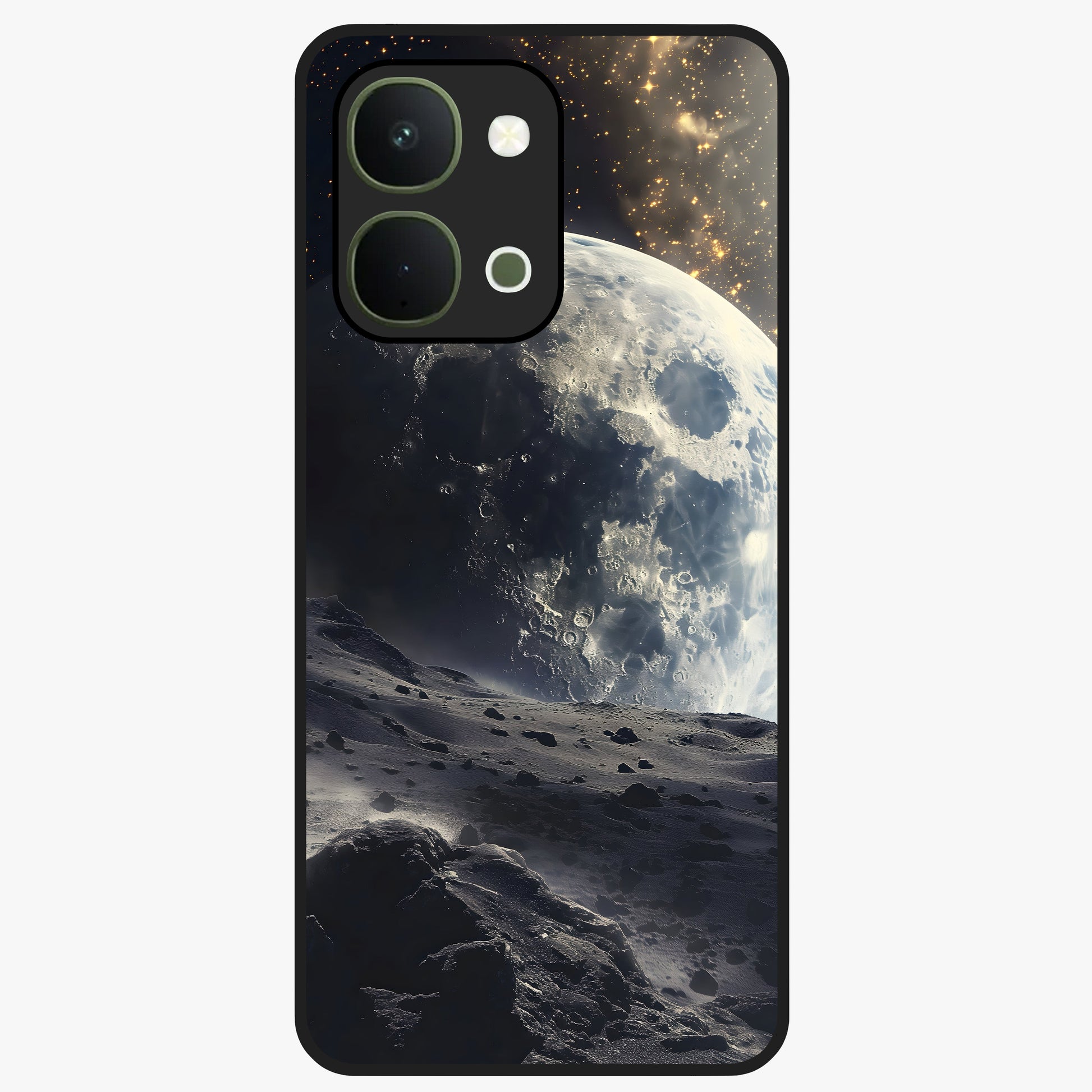 Lunar Horizon Glow Glass Case showing flat back view with glowing moon horizon artwork and glossy glass finish.