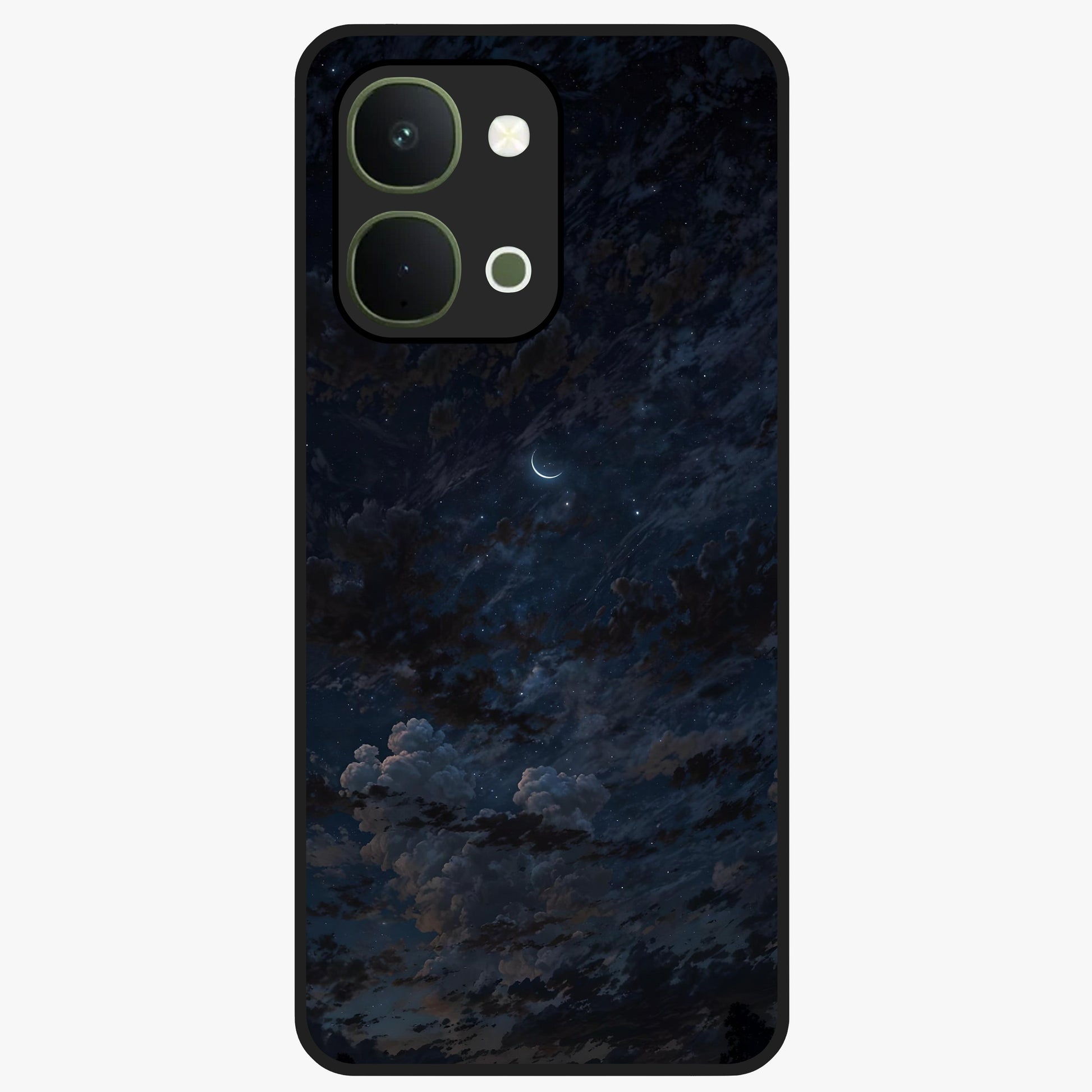 Lunar Veil Silence Glass Case showing flat back view with mystical moon veil artwork and glossy glass finish.