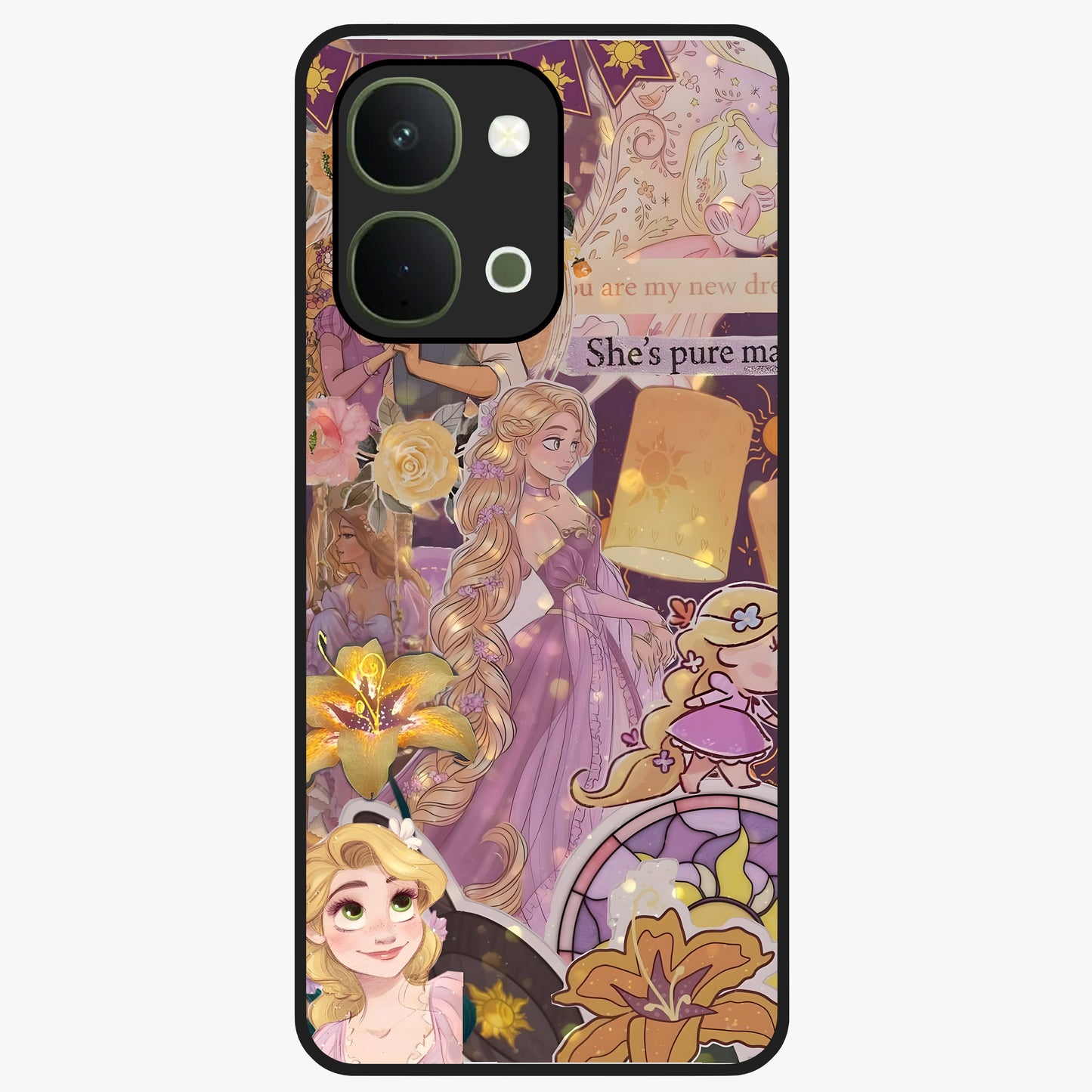 Magical Tangled Dream Glass Case showing flat back view with dreamy tangled artwork and glossy glass finish.