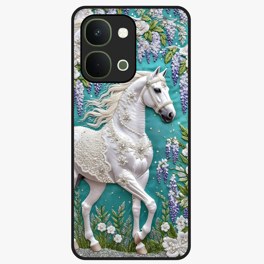 Majestic Floral Stallion Glass Case showing flat back view with powerful horse and floral artwork and glossy glass finish.