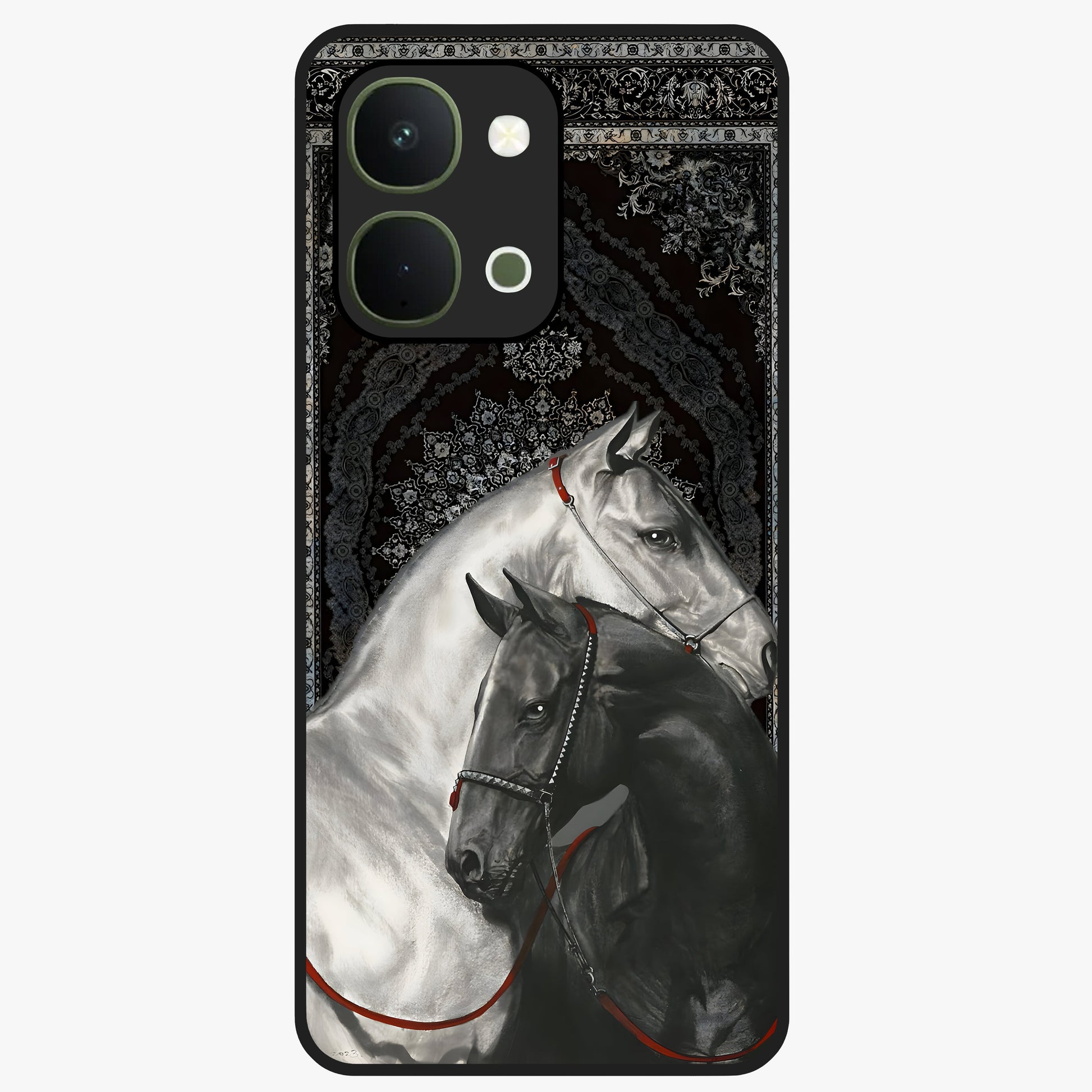 Majestic Ride Legacy Glass Case showing flat back view with powerful automotive inspired artwork and glossy glass finish.
