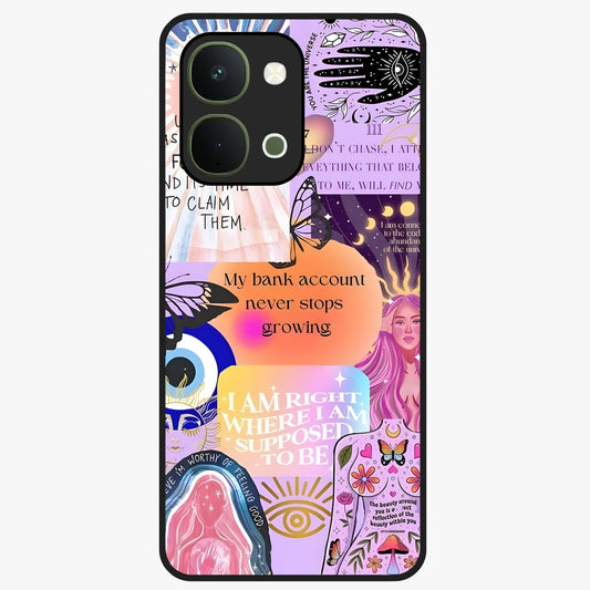 Manifestation Collage Glass Case showing flat back view with motivational collage artwork and glossy glass finish.