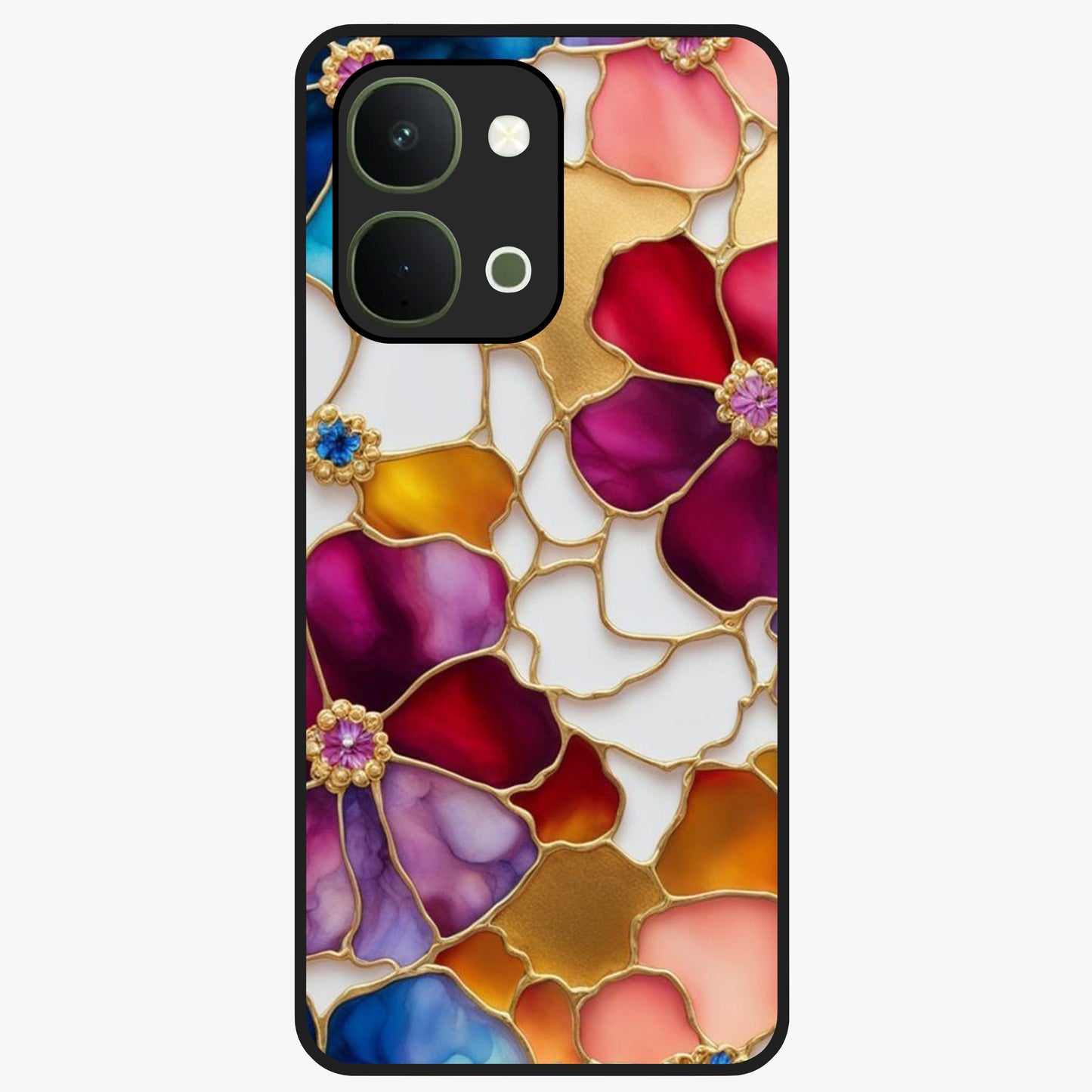 Marble Flower Pattern Glass Case showing flat back view with marble texture floral artwork and glossy glass finish.