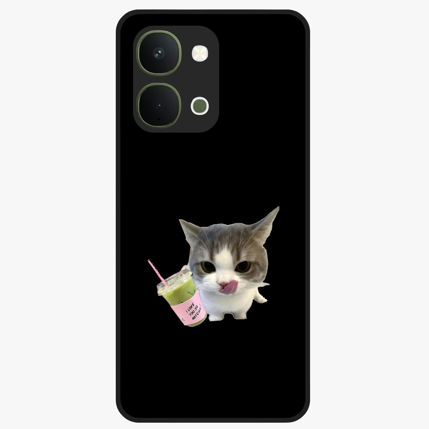 Matcha Cat Style Glass Case showing flat back view with cute matcha themed cat artwork and glossy glass finish.