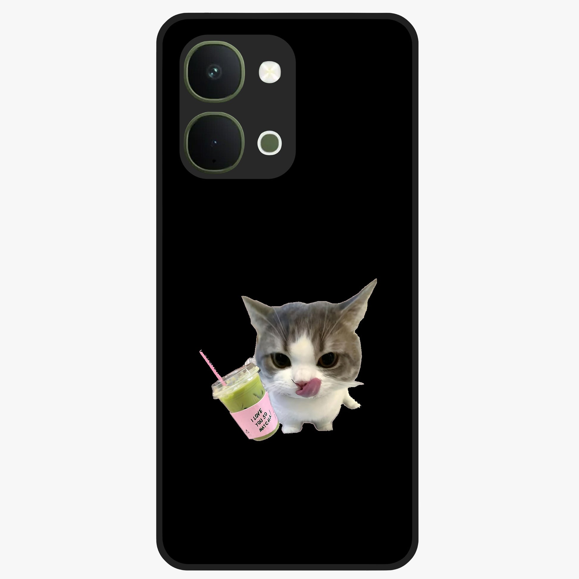 Matcha Cat Style Glass Case showing flat back view with cute matcha themed cat artwork and glossy glass finish.