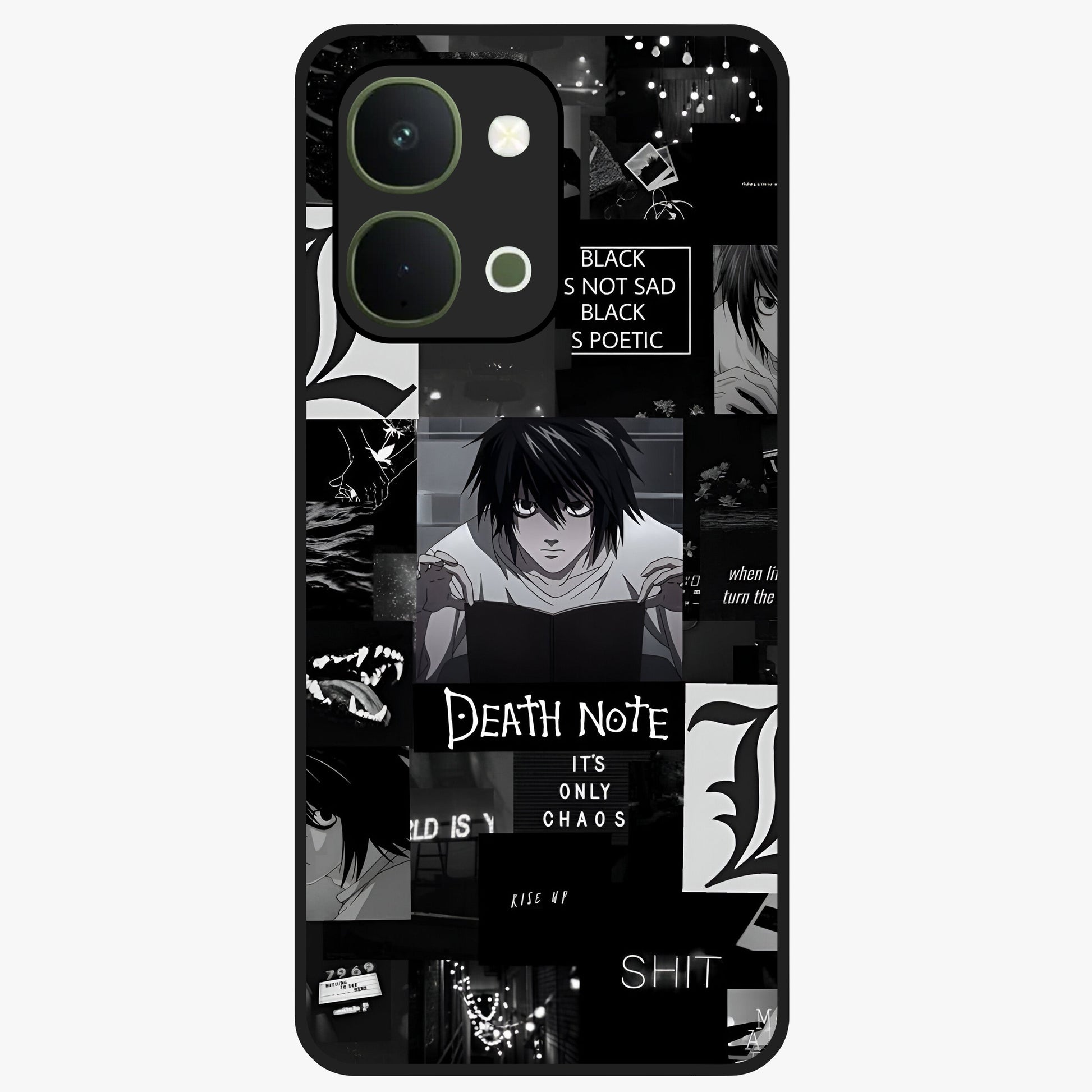 Midnight Chaos Mind Glass Case showing flat back view with abstract dark themed artwork and glossy glass finish.