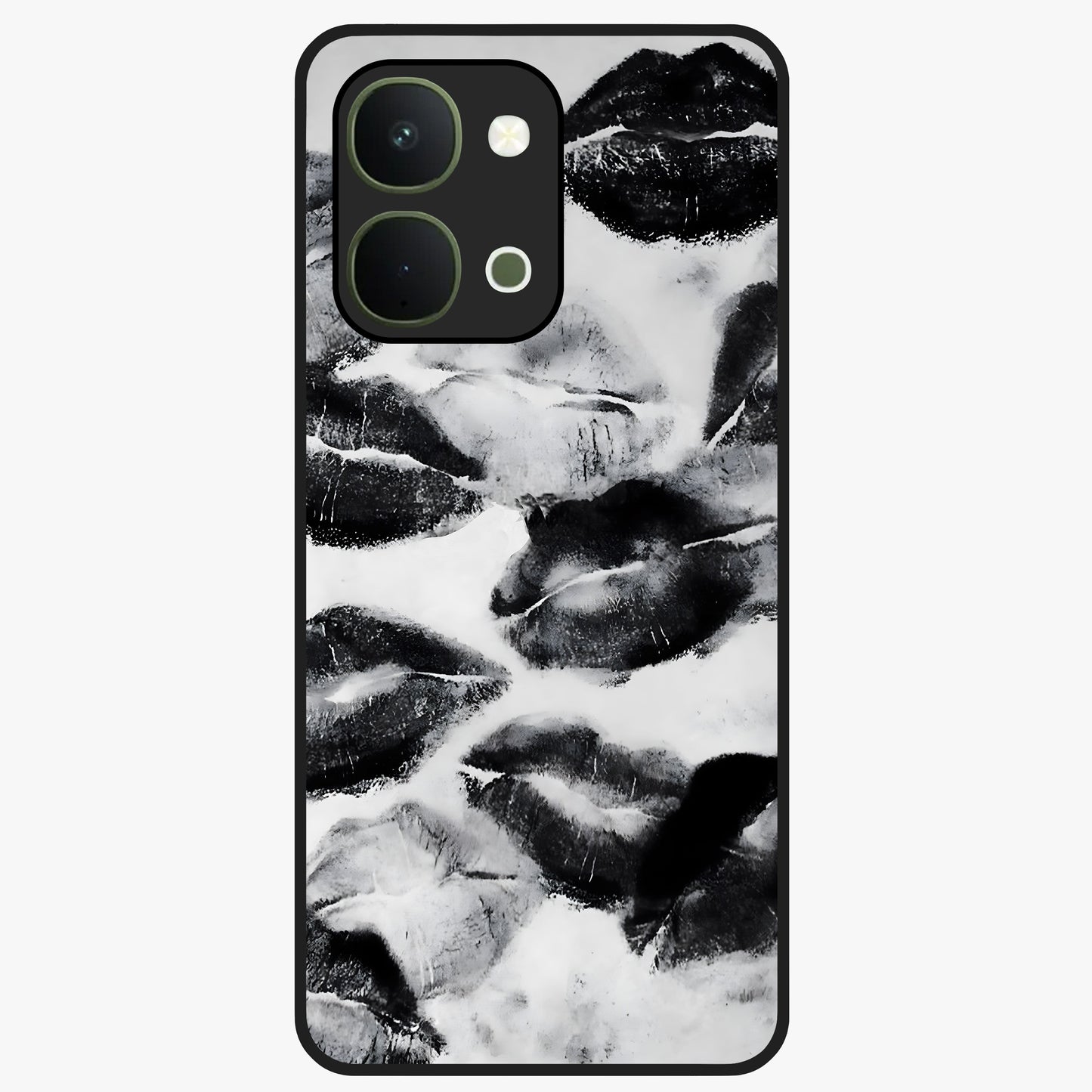 Midnight Kiss Marks Glass Case showing flat back view with lipstick kiss mark artwork and glossy glass finish.