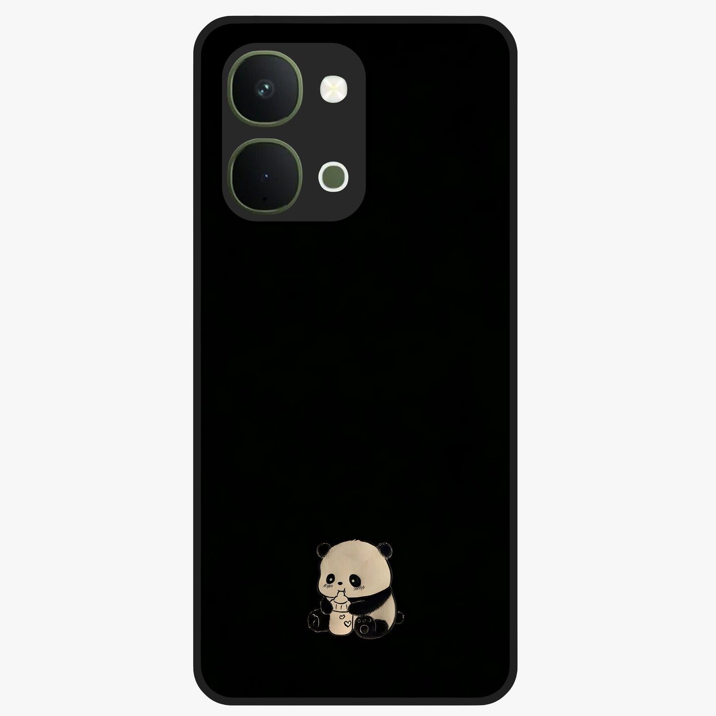 Midnight Panda Love Glass Case showing flat back view with cute panda themed artwork and glossy glass finish.