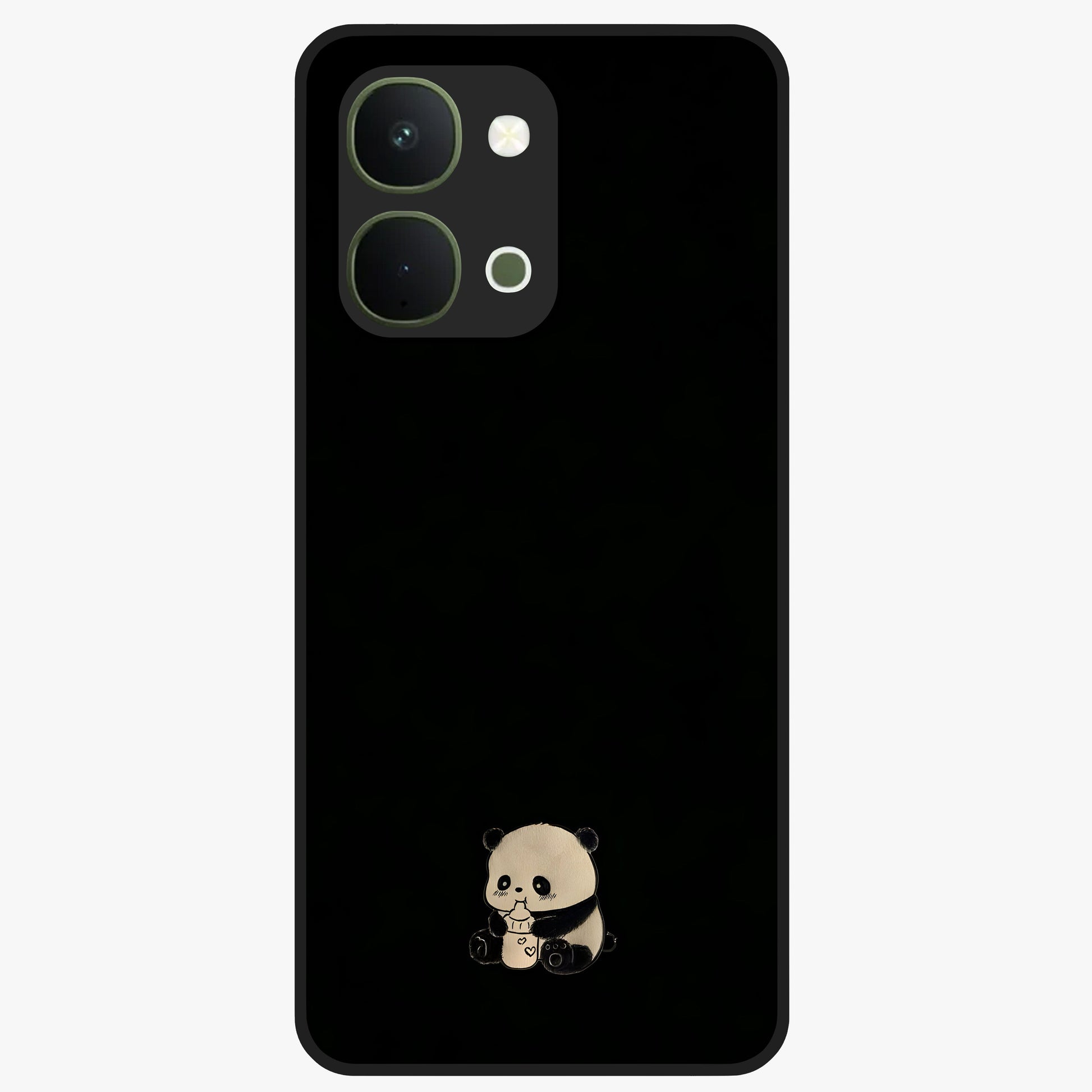 Midnight Panda Love Glass Case showing flat back view with cute panda themed artwork and glossy glass finish.
