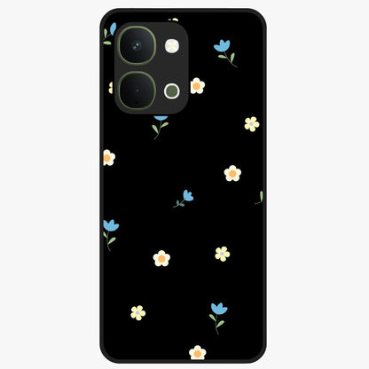Minimalistic Blue With White Flower Pattern Glass Case showing flat back view with blue background and white flower pattern and glossy glass finish.