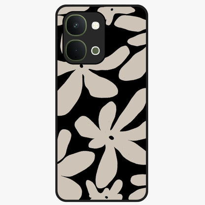 Monochrome Petal Dance Glass Case showing flat back view with monochrome floral artwork and glossy glass finish.